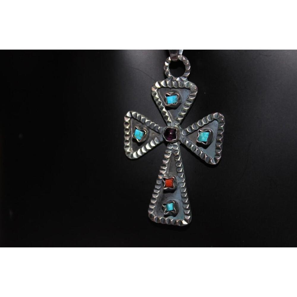 Vintage 925 CII Mexico Sterling Silver Turquoise Coral Amethyst Cross Pendant - Picture 3 of 4
